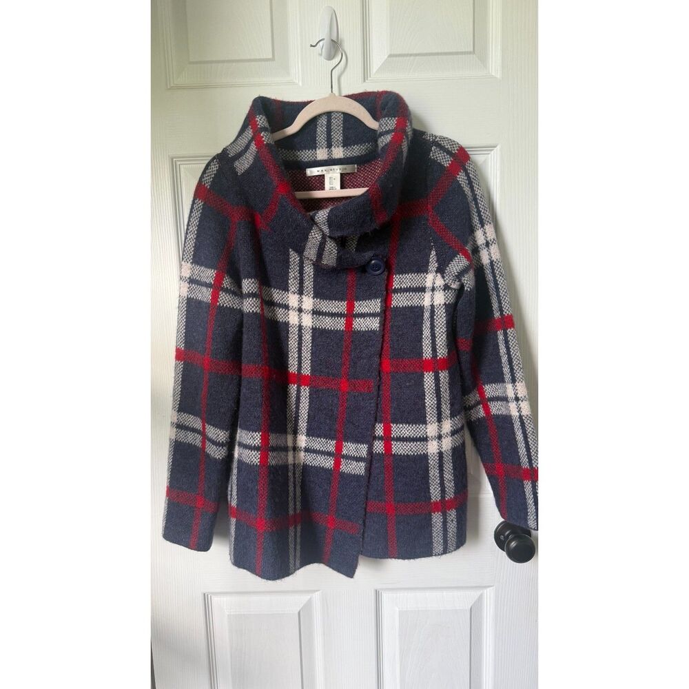 Max Studio Womens Large Plaid Knit Sweater Jacket Navy Red Funnel Neck
